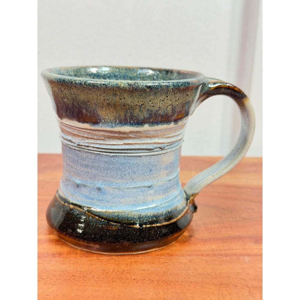 Handmade Studio Pottery Mug Blue Brown Drip Glaze Hand Thrown Signed Stoneware - Picture 3 of 12